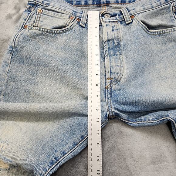 Levi's Jeans Mens W32 L32 Blue 501 Button Fly Straight Distressed Patch Stacked - Picture 13 of 16